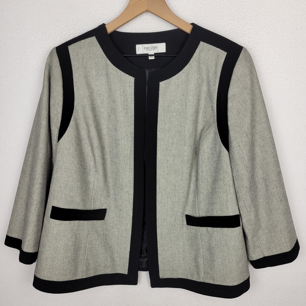 Jones Studio Womens Jacket 14W Black Ivory Open Front Stretch Classic Minimalist